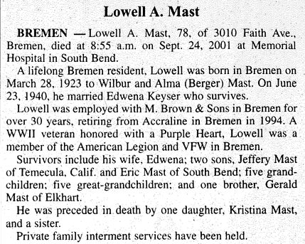 Lowell Mast obit - 2001