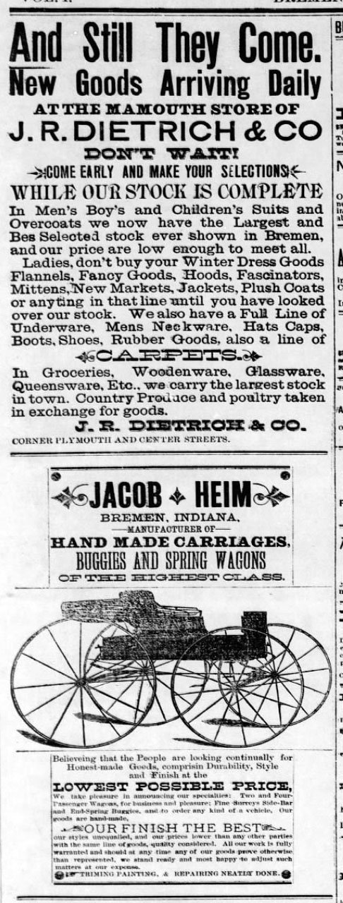 Dietrich and Heim ads - Bremen Enquirer - 26 Oct 1889