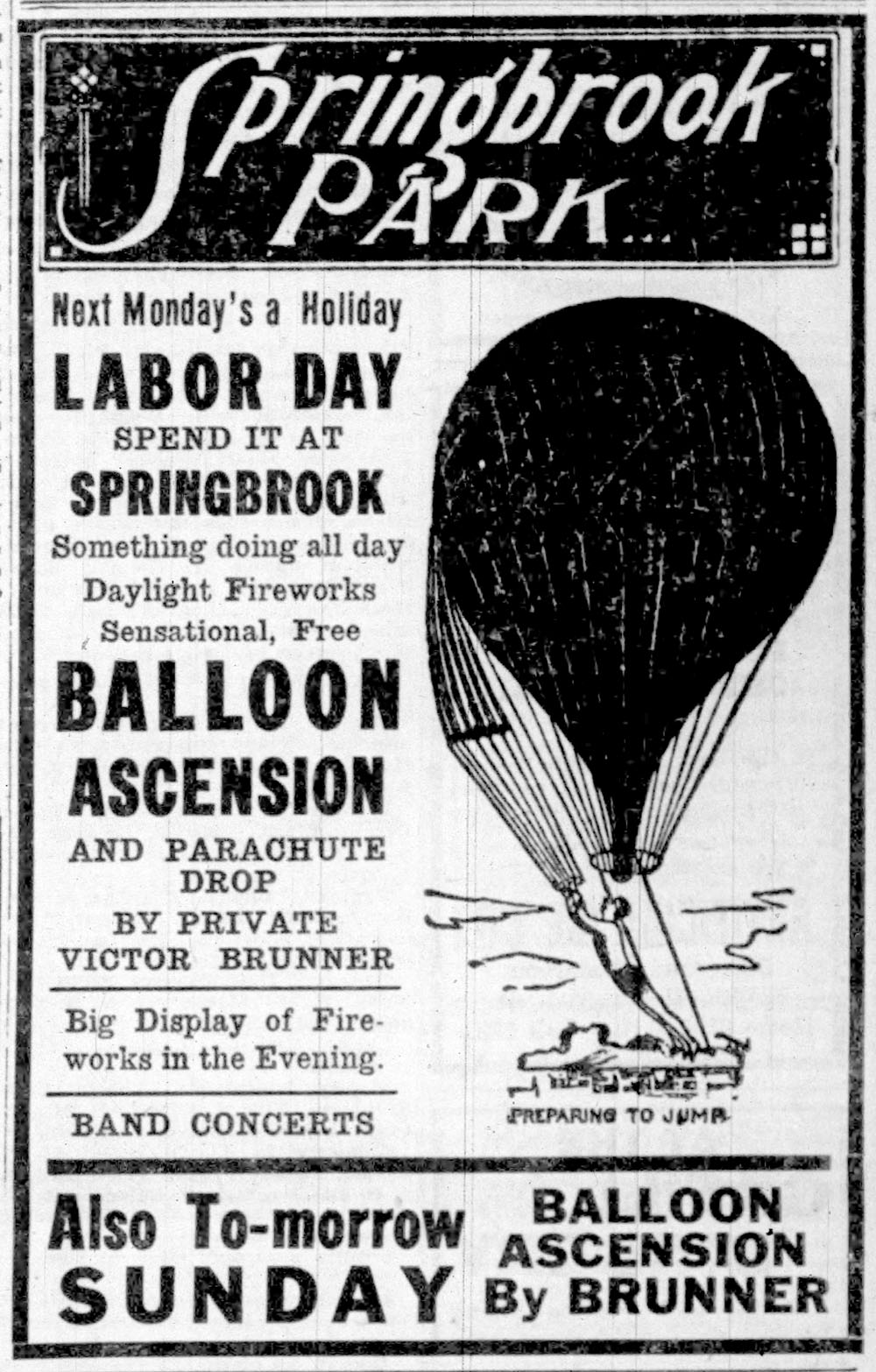 1918 - Victor Brunner balloon parachute drop - South Bend Tribune - 31 Aug 1918