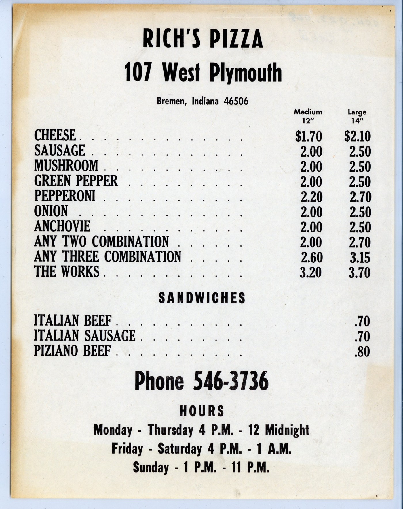 1974 - Rich's Pizza menu